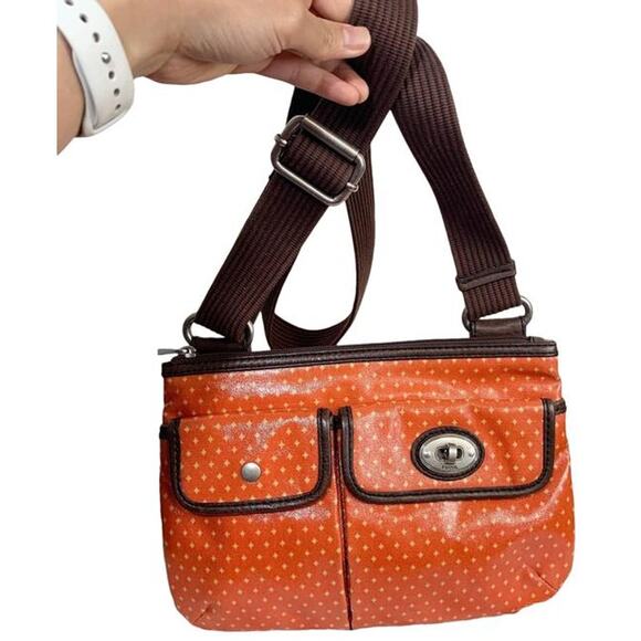 Fossil Waxed Canvas And Leather Orange Key-per Crossbody - Picture 1 of 13